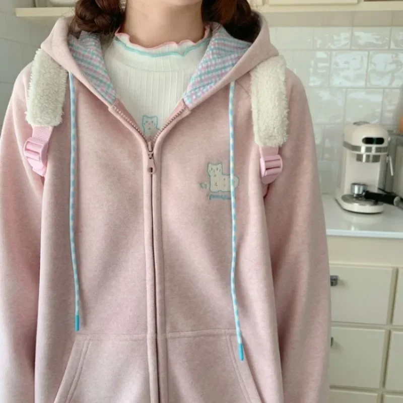 Korean Style Cute Zip Up Hoodie Women Y2K Girly Kawaii Hooded Jacket Oversize Japanese Harajuku Sweet Embroidery Outerwear