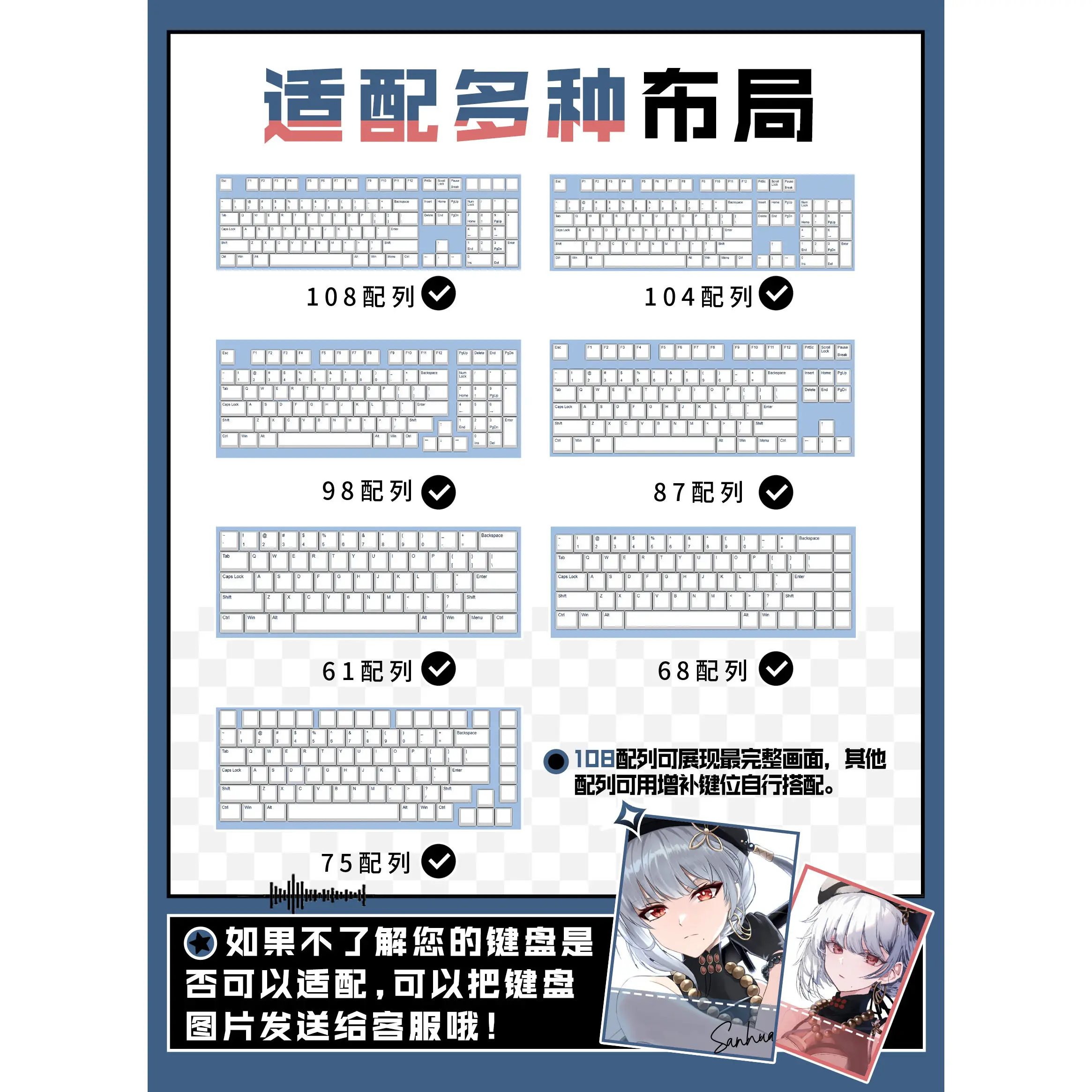 Sanhua 122 PBT Keycaps Wuthering Waves DYE Sublimation Key Cover Cherry Cross MX Switch Key Caps for Mechanical Keyboard Otaku