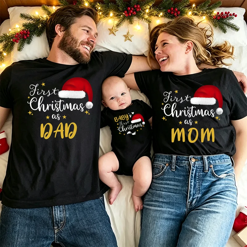 Family Matching Christmas T-shirt First Christmas As Mom Dad Brother Santa Hat Print Family Outfits Baby Romper Xmas Clothing