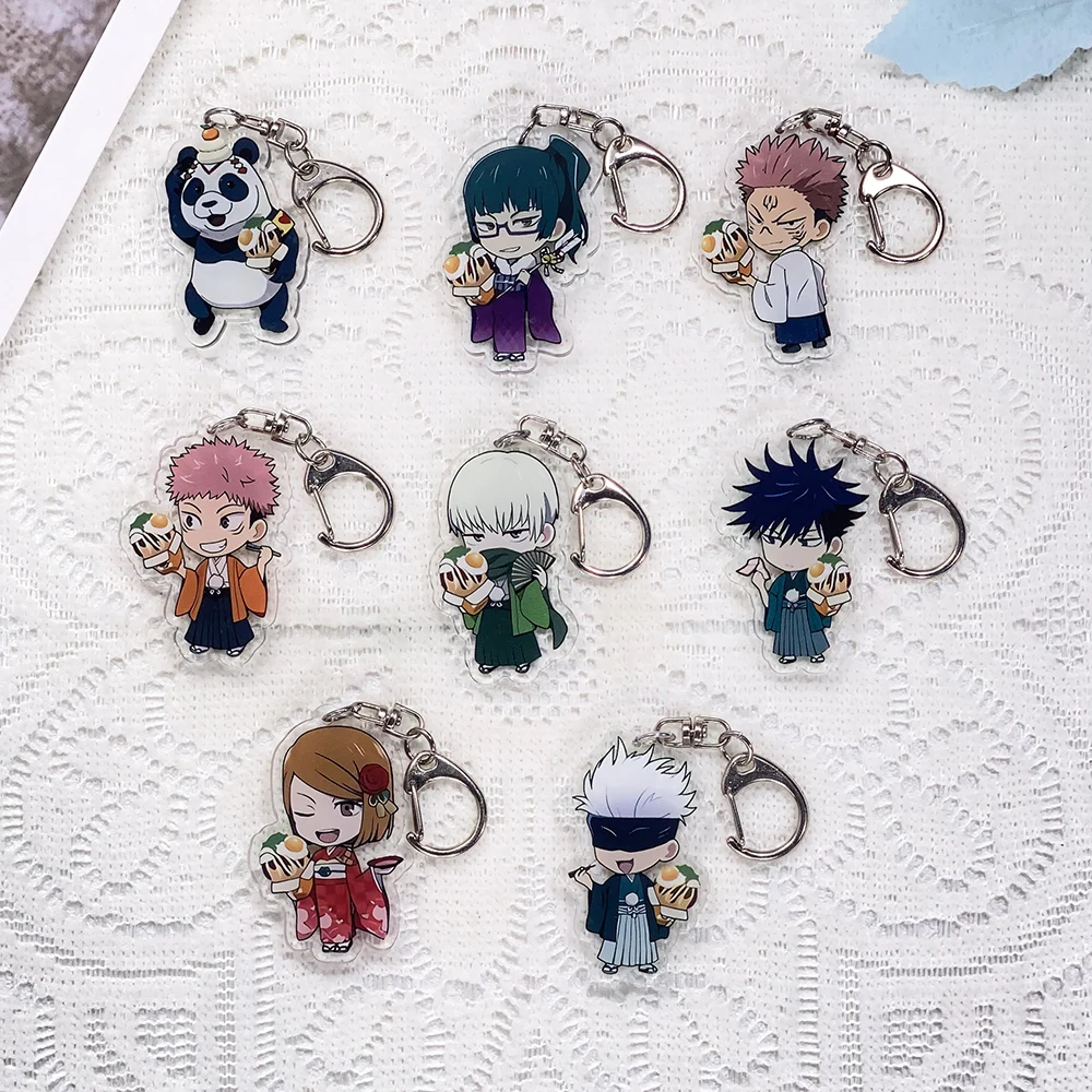 8Pcs Anime Jujutsu Kaisen Car Keychain Acrylic Keyrings Bag Charms Cute Backpack Pendant Funny Prop Decoration Friends Gifts