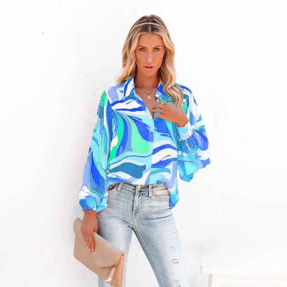 Women's Printed Lantern Sleeves Cardigan Single Breasted Casual Shirt Top for Autumn 2024