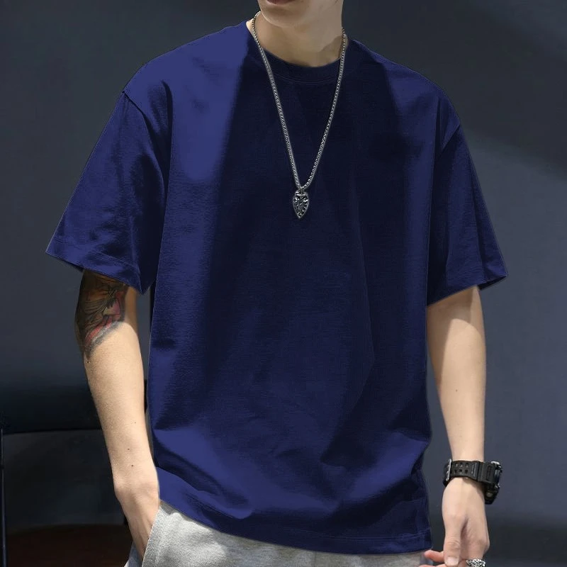 

Pure cotton solid color men's multi-color options high-end base shirt loose round neck short sleeved autumn and winter new style