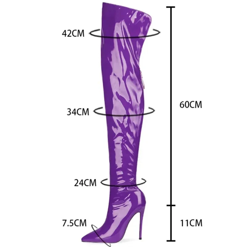 Bottes en cuir verni au-dessus du genou pour femmes, bottes pointues pour dames, chaussures à talons hauts sexy, Parker, couture, fermeture éclair