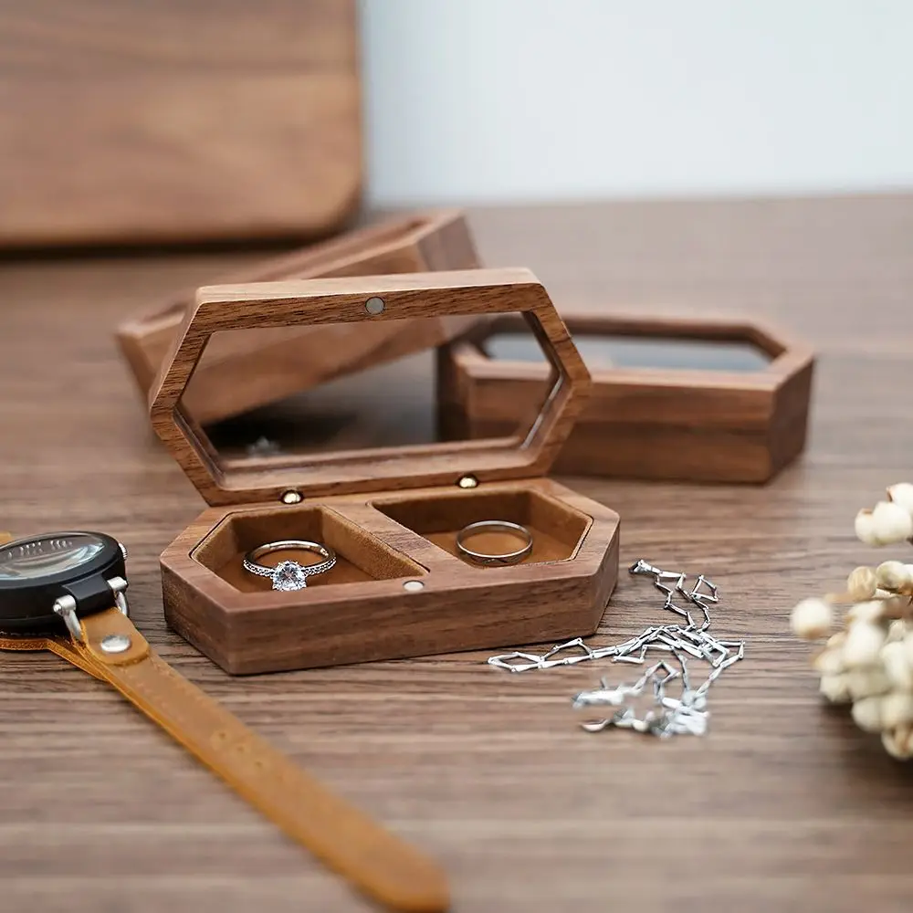 Multi-function Velvet Mini Wood Rings Box Luxury Square Rings Display Case Necklace Earrings Dust-proof Rings Bearer Box Couple