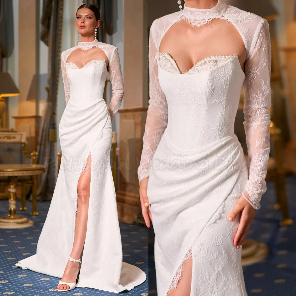우아한 두바이 하이넥 브라이덜 가운 시어 레이스 풀 슬리브 머메이드 웨딩 드레스 진주 하이슬릿 브라이덜 가운 신부 맞춤 제작