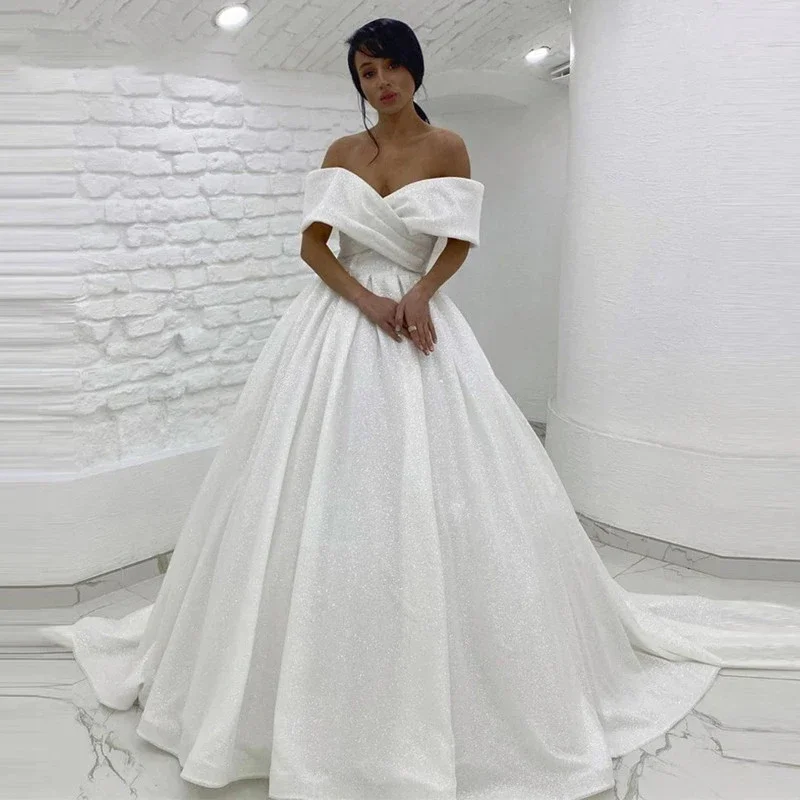 A-Linie Glitzer Brautkleider 2025, schulterfrei, Sweep-Zug, Dubai, Damen-Brautkleid nach Maß, Vestidos de Novia