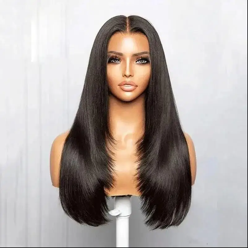 

Soft Free Part 13*4 Lace Front Wig Layered Black Glueless 26Inch 180% Density Long Preplucked Silky Straight For Women Baby Hair