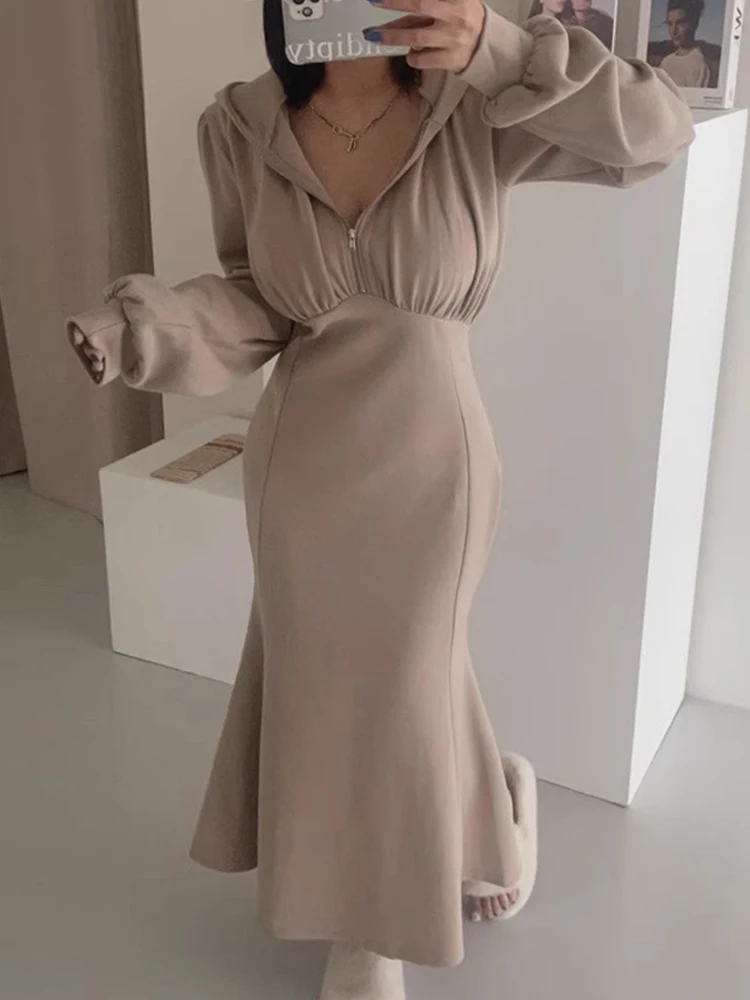 세련된 가을 겨울 두꺼운 긴 소매 후드 지퍼 슬리밍 여성 드레스 피쉬 테일 드레스 하이 웨이스트 한국 스타일 통근