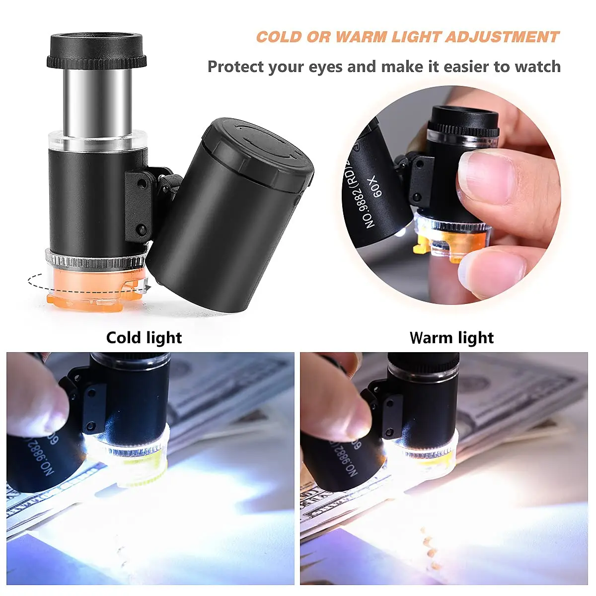 Mini Lupa Microscópio de Bolso com Luz UV LED, Jóias Lupa, Jewelers Eye Loupe para Moedas de Diamante Moeda, 60X