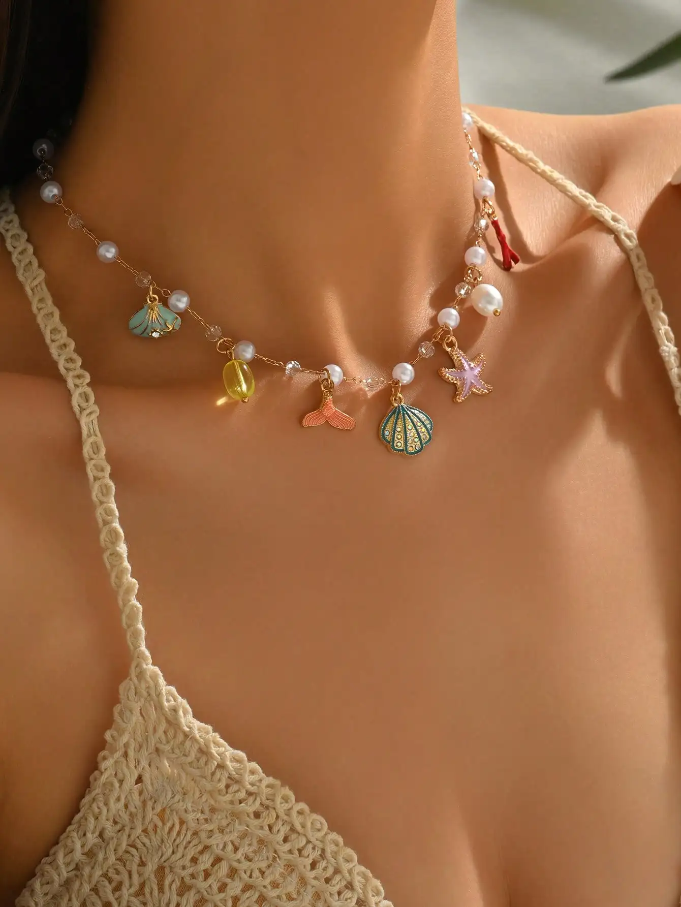 Women's Ocean Theme Beaded Charm Necklace, Colorful Sea Shell Starfish Mermaid Design, Summer Beach Fashion Accessory Gift