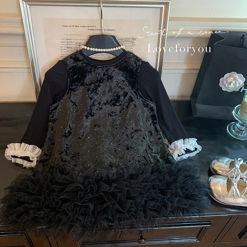 فستان مخملي للفتيات لخريف 2025، الطبعة الكورية الجديدة، تنورة بدون أكمام للفتيات، طقم مكون من قطعتين