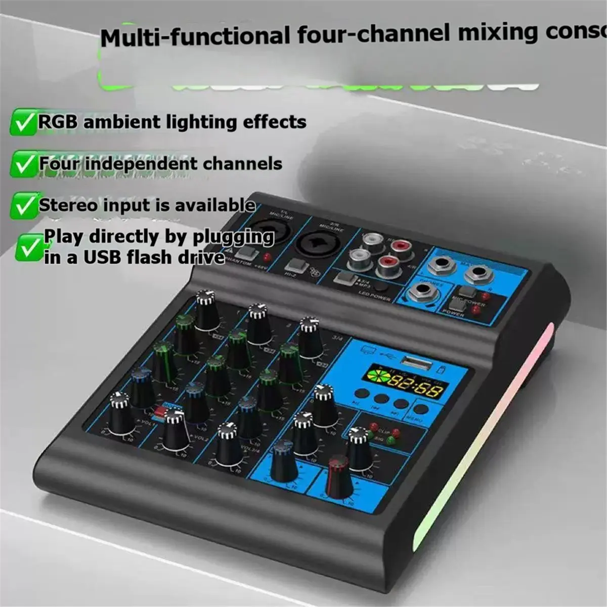 fitfit Four Channel Mixer DJ Mixing Console with Bluetooth 48V Power Monitor Karaoke System Type-C Mixer Audio