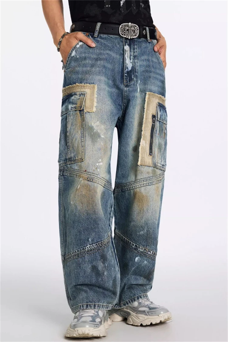 Men's Paint Splatter Design Dirty Jeans Casual Street Style Multi Pockets Cool Boy Wide Leg Denim Pants Male Cargo Trousers
