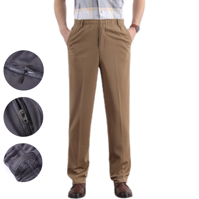 

Mature men's stretch trousers. Business casual elastic waist plus size formal work slacks, high waist straight pants.29-42