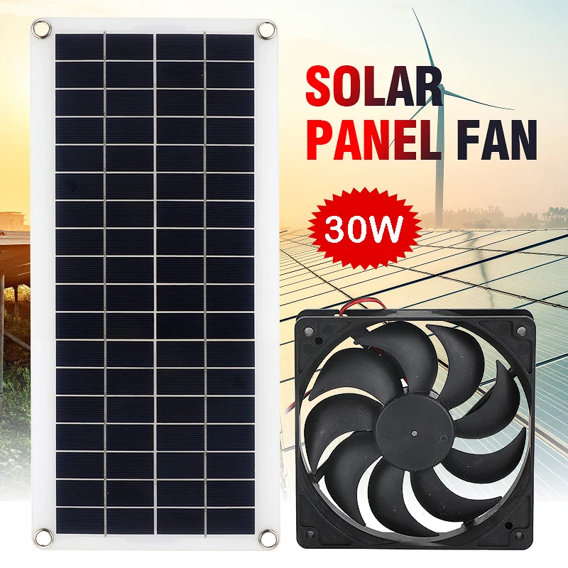 12V 30W Solar Panel Fan Set Mini Solar Cell DIY Plate Kit Outdoor for Summer Greenhouse Dog Pet Home Ventilation Equipment