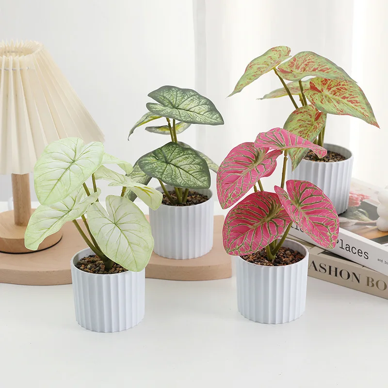 Artificial Green Potted Plant Striped Pot Six Leaf White Planter Home Decor Desktop Ornament Accessories