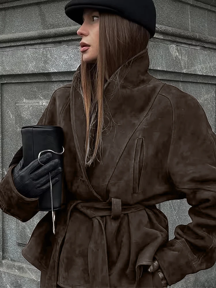 Dámská bunda z umělé semiše s odkládacím límcem a dlouhým rukávem, volný dámský kabát, podzim/zima 2025, dámské streetwear, retro outfity - náhled 5