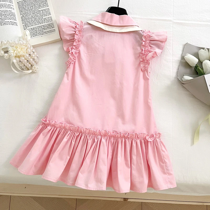 2025 Summer Girls Dress 2 Color Korean Style Short Sleeve Fly Sleeve Shirt Collar Dress With Free Hat Sweet Outfit For 2-10 Year