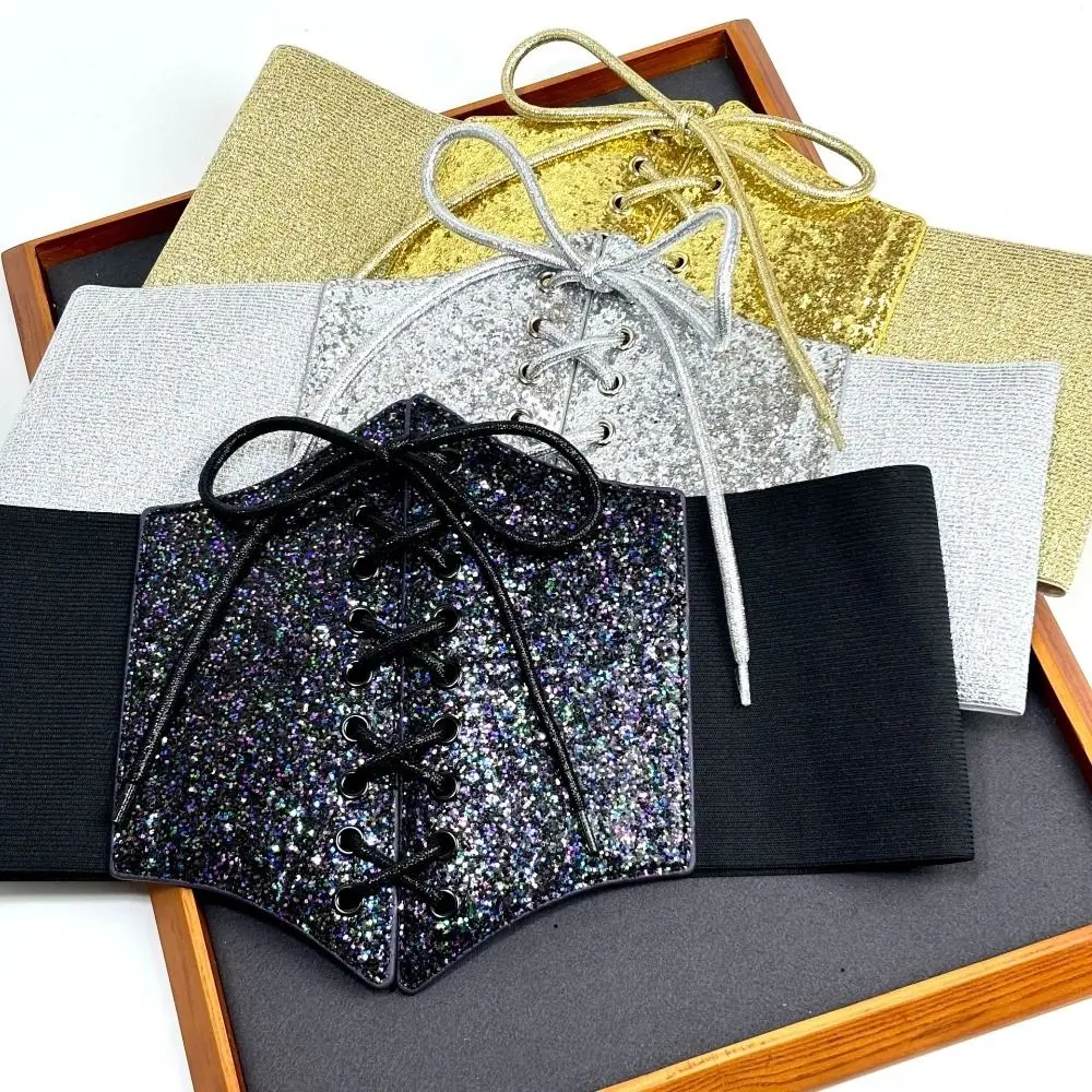 Slimming Elastic Gold Cummerbunds Shinny Glitter Leopard Print Waistband High Waist Dress Girdle Blingbling Corset Belt Women