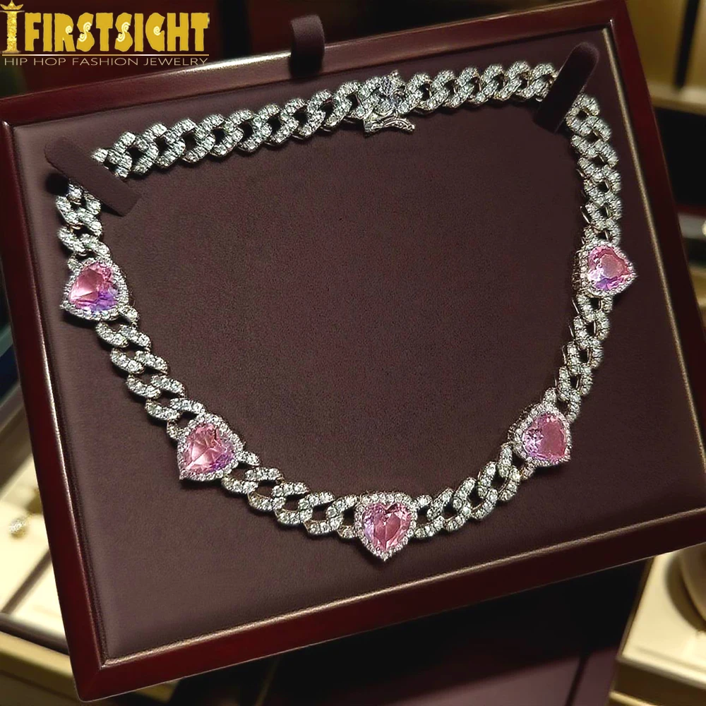 New Iced Out Bling Miami Cuban Link Chain Heart Necklace Silver Color AAA CZ White Pink Charm Choker Women Hip Hop Jewelry