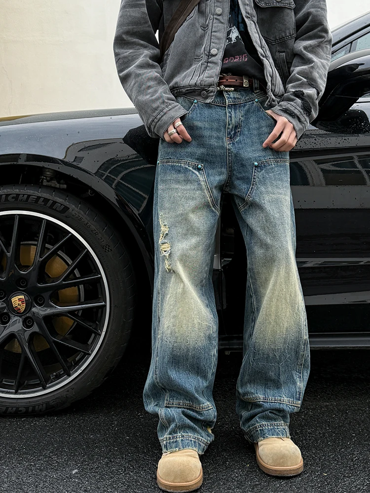 

Рваная рабочая одежда в стиле ретро с американской талией, джинсы для мужчин, летние прямые свободные повседневные утягивающие модные брюки молодежь