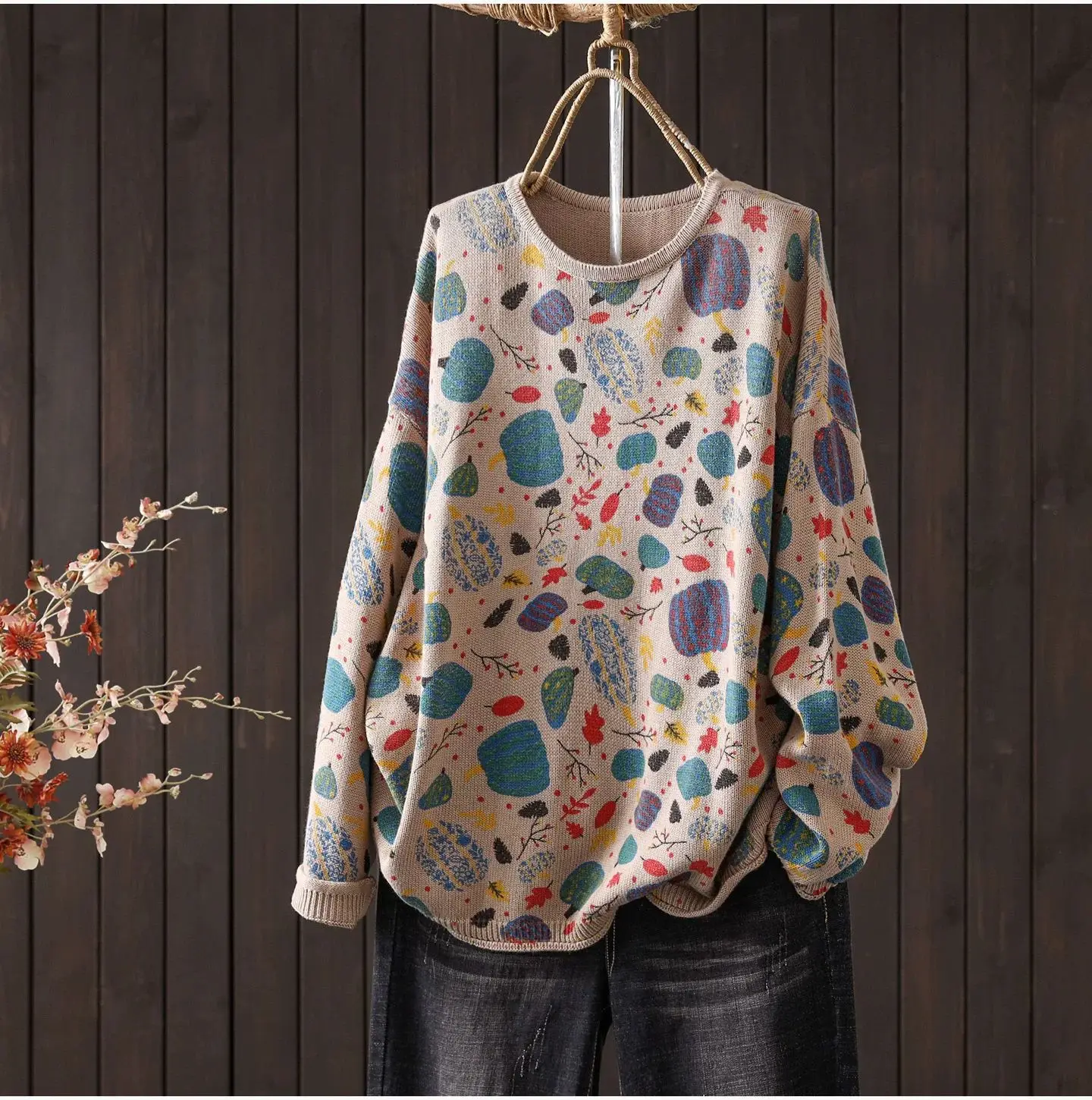 Women Autumn Winter Printed Knit Sweater Korean Style Artistic Long Sleeve Loose Vintage Cozy Versatile Comfort Tops
