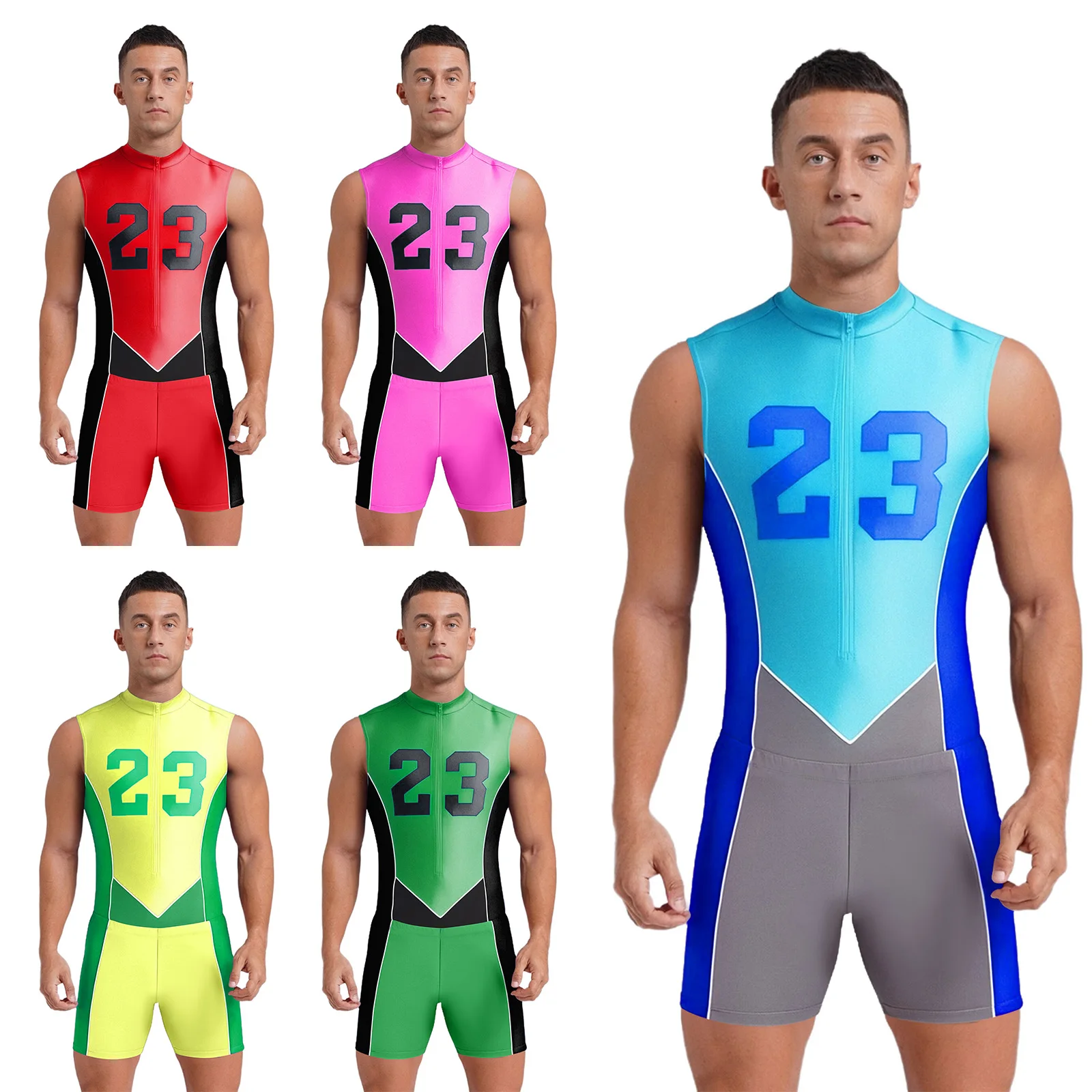 

Stylish Style Men's Color Block Sports Outfit Cycling Swimming Running Workout Clothes Sleeveless Front Zipper Leotard+Shorts