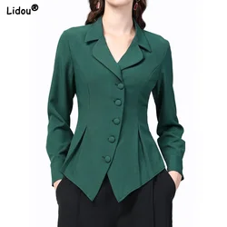 Temperament Skinny Solid Notched Pleated Button Elegant Blazers Graceful Intellectual Women's Clothing 2022 Thin Autumn Winter