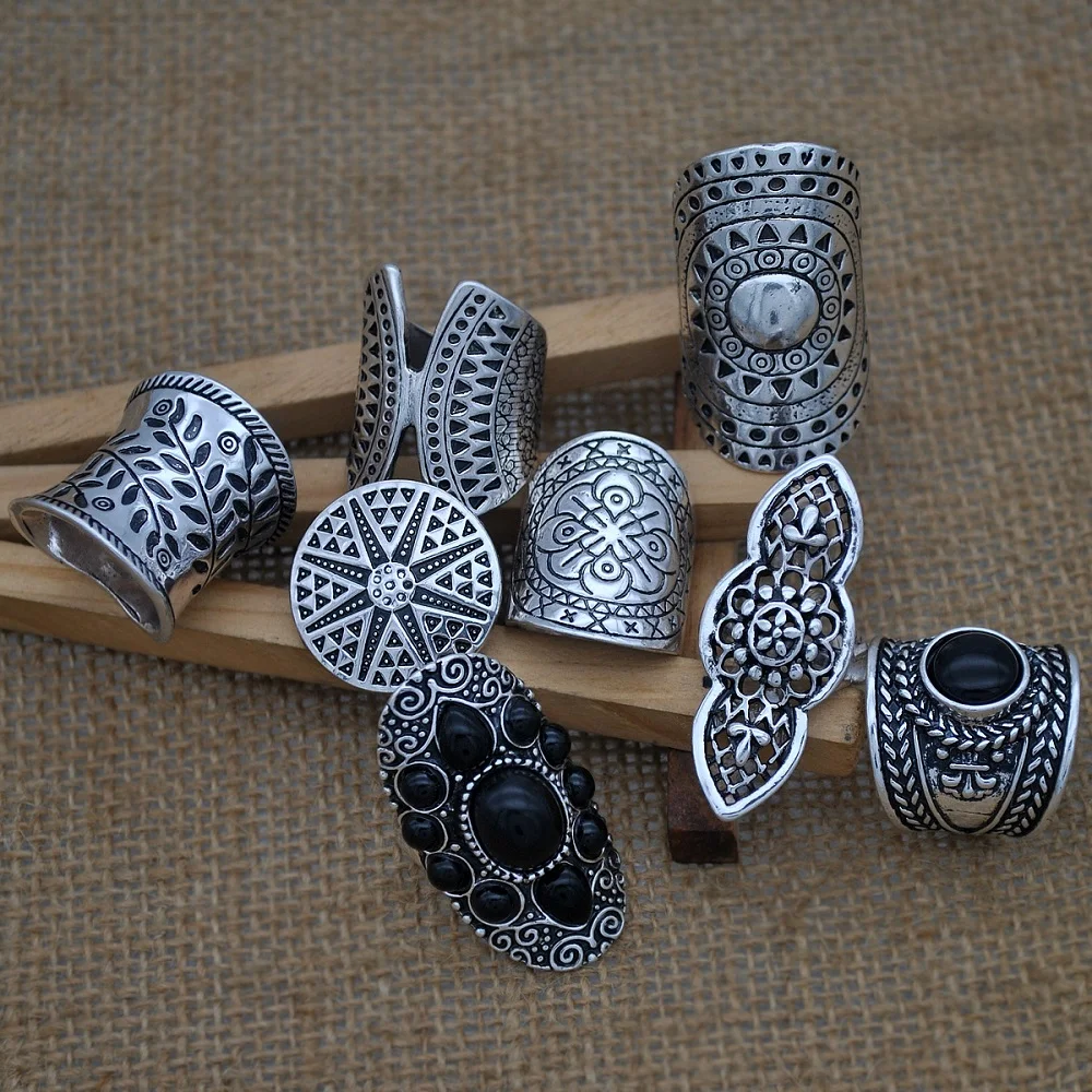 Yumfeel Vintage Boho Jewelry Rings Mixed Lot Tibetan Silver Plated Ring Bohemian Ring Women Vintage Jewelry