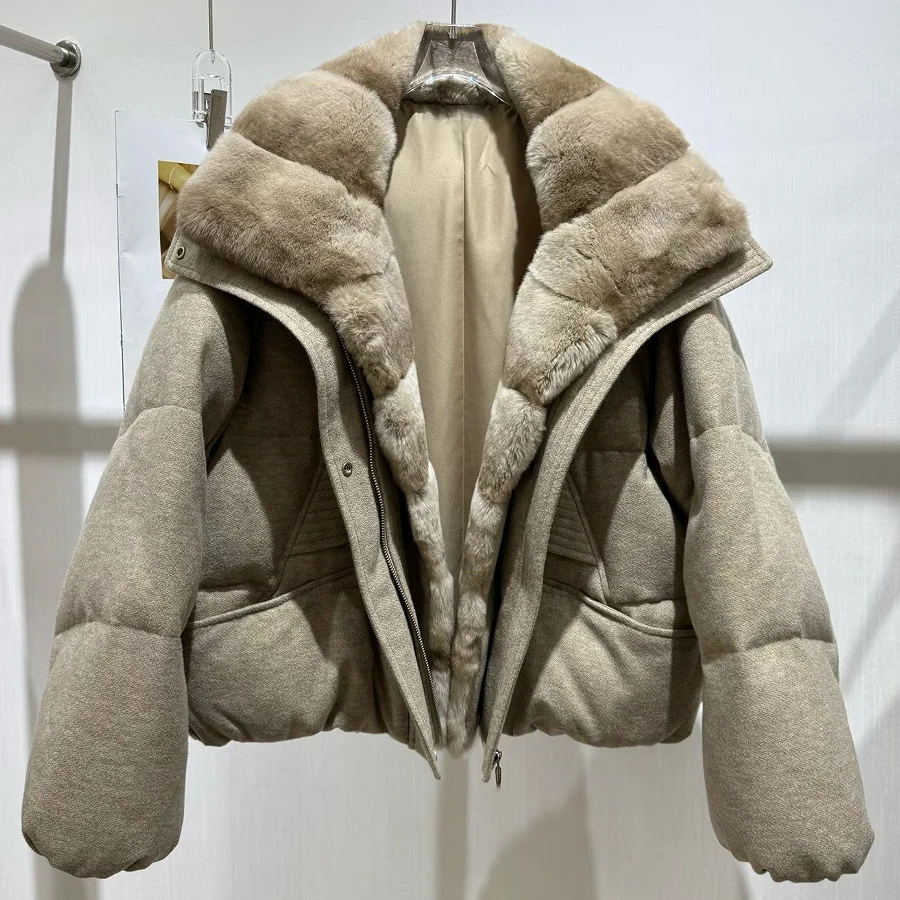 Short Cashmere Rabbit Down Jacket Fur Collar Goose Down Jacket Women New Real Rex Rabbit Fur Goose Puffer Jacket With Fur Trim