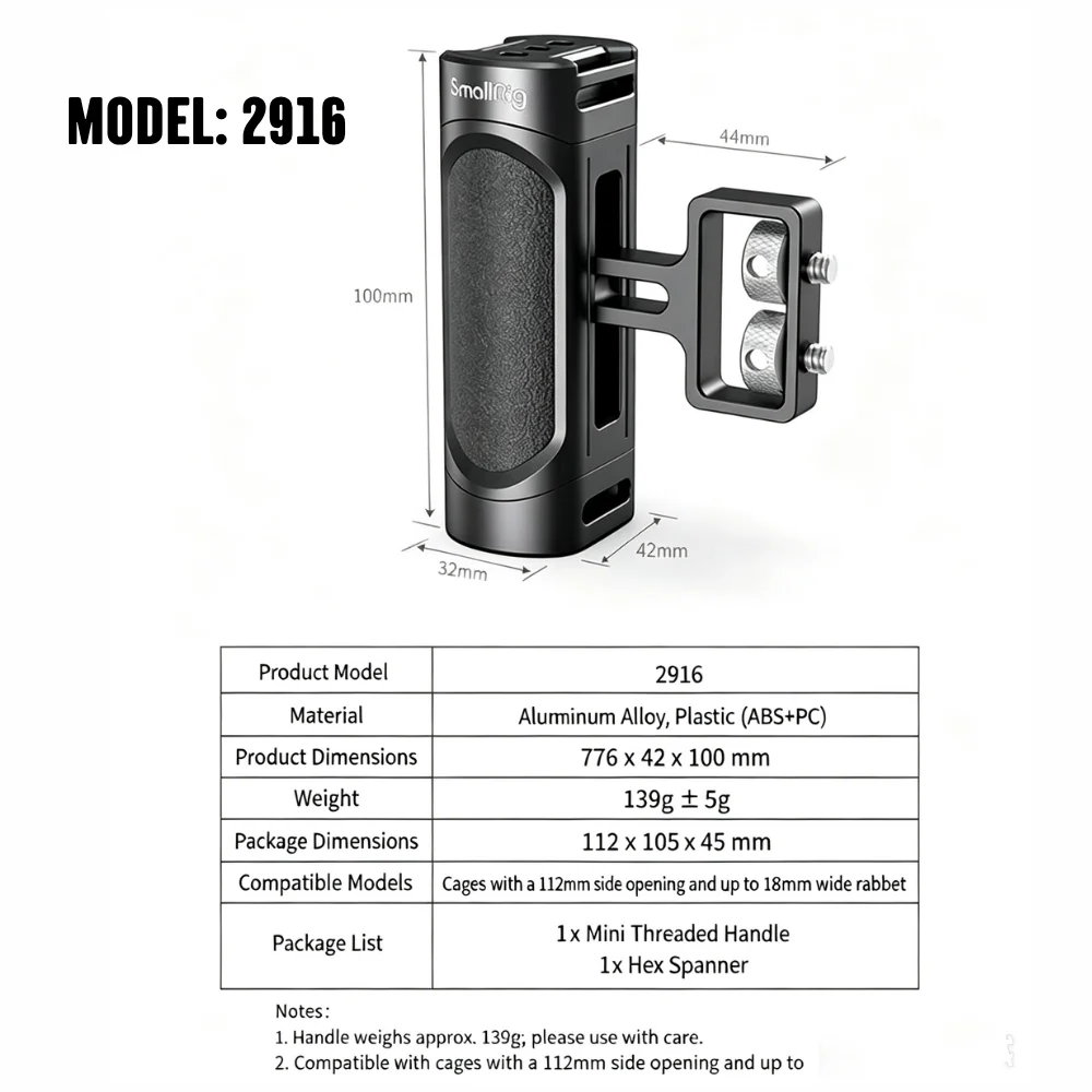 Mini Camera Side Handle 2916 Handgrip with Two 1/4”-20 Screws Mount for Mirrorless/ Digital Camera DSLR Camera