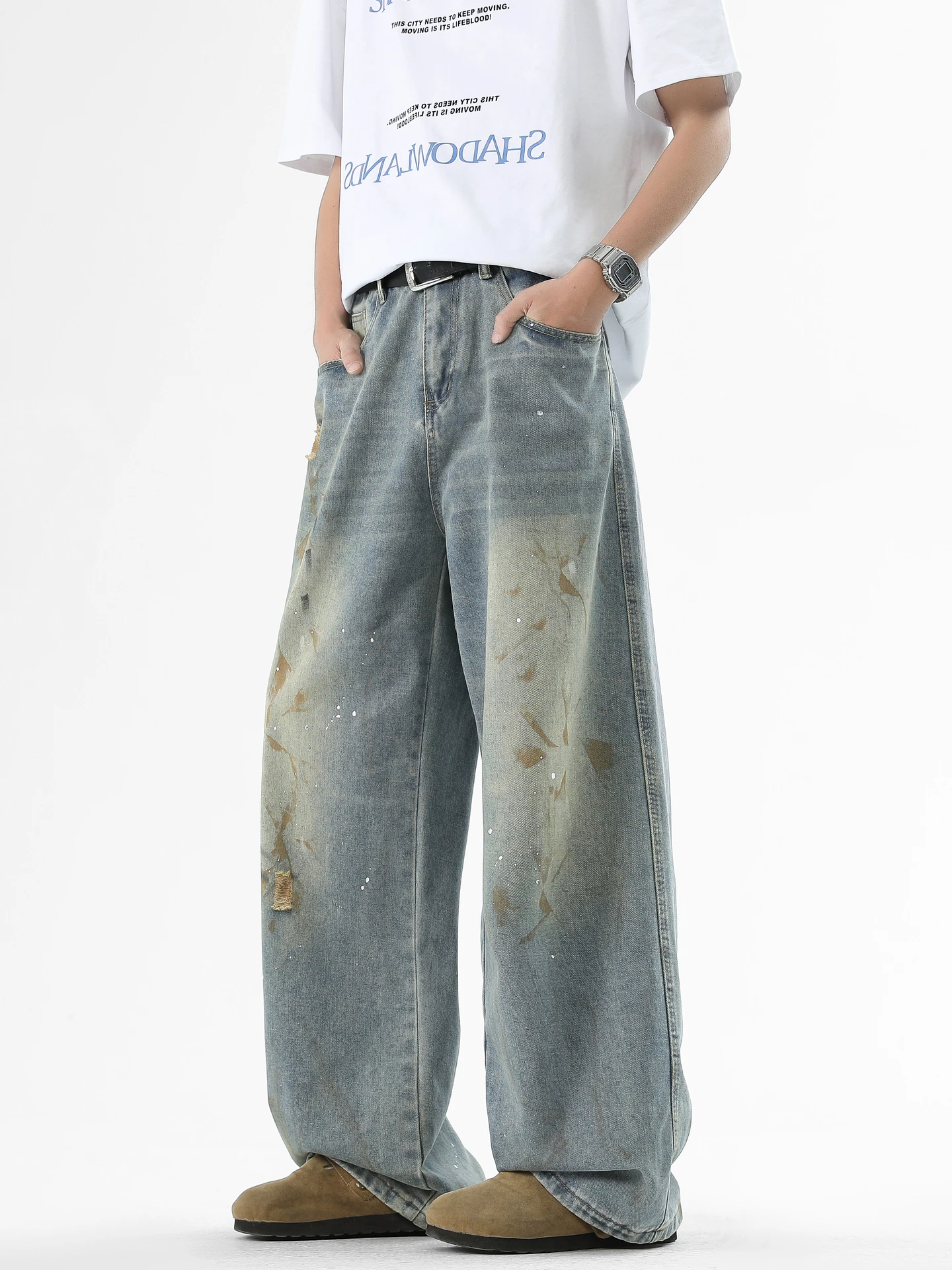 

Retro Cleanfit Wide Leg Loose Fit Straight Leg Men's Jeans Youth Casual Wear Resistant Wear Waed out Sle Cotton Polyester...