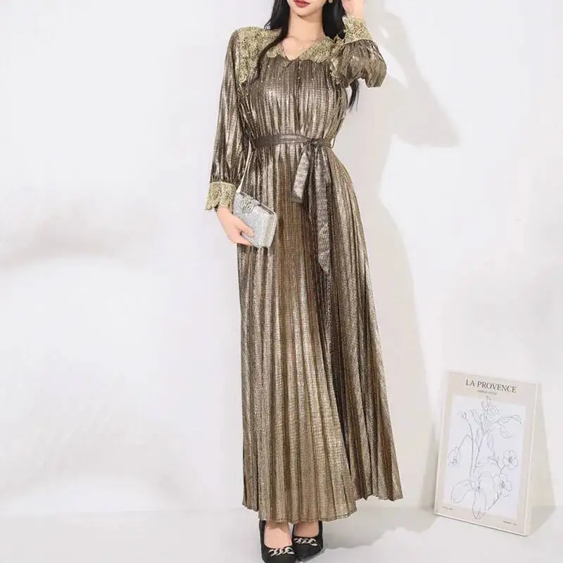 HKSH ربيع الخريف جديد المرأة فستان الخامس الرقبة طويلة الأكمام حزام الدانتيل مطرز تقسم مطوي أنيقة موضة Ins فساتين الحفلات HK13176