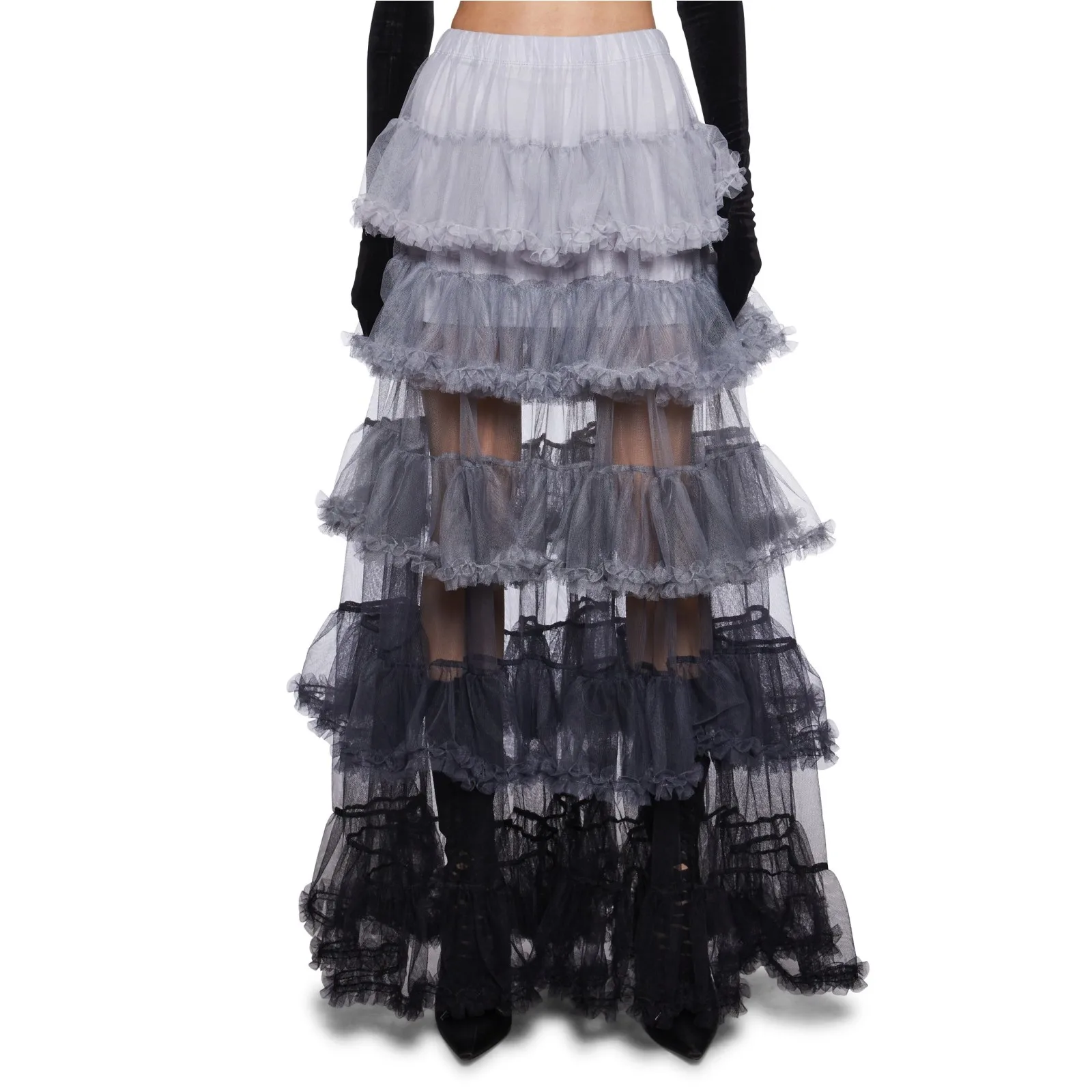 Stylished Multi Colored Layerd Illusion Long Tulle Skirts With Ruffles Trimmed Details Gothic See Thru Long Tulle Women Skirt