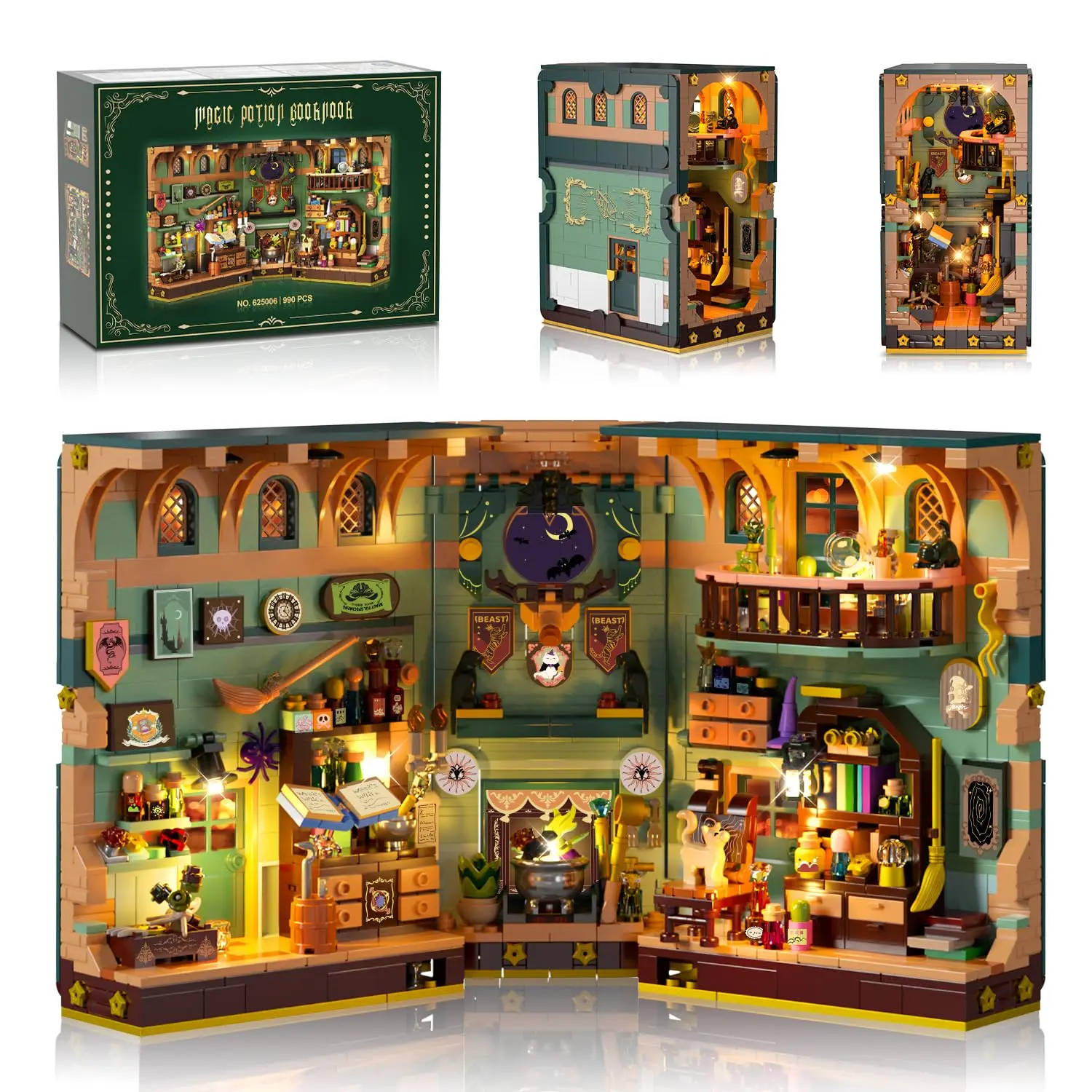 INSOON Magic Booknook Building Set with Light for 8+ Boys Girls Christmas Gift 990PCS Halloween Magic Book Nook Building Block Kit for Bookshelf Home Decor DIY Bookend Mini House Model for Adults
