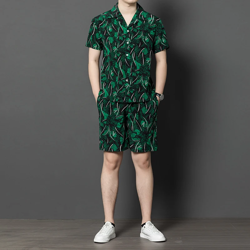 

High-End Green Men's Set Silk Blends Shirt&Shorts Short Sleeve Summer Quality Skin-Friendly Breathable Satin Conjuntos De Hombre