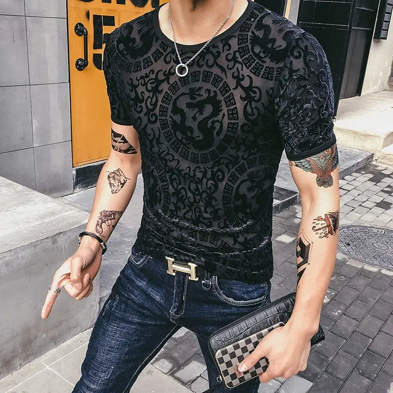 Jacquard Dragon Pattern T Shirt Homme Short Sleeve Men Clothes Summer Slim Quality Velvet Hollow Casual Tees Camisetas De Hombre