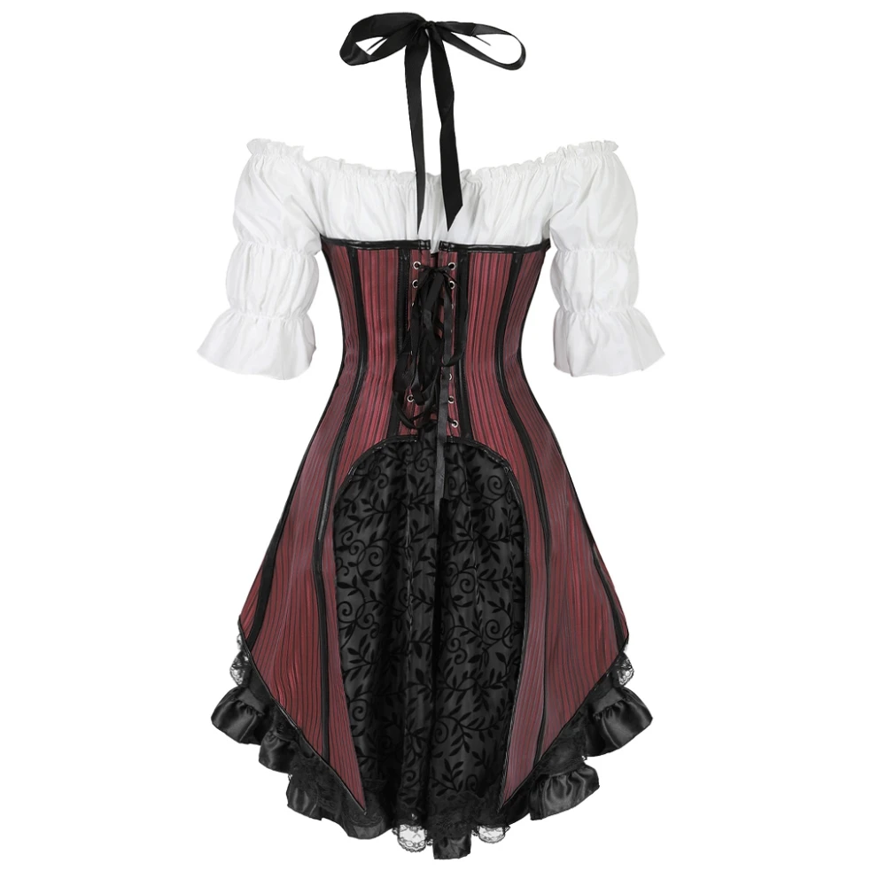 Gothic Steampunk Long Straps Striped Corset Vest Asymmetrical Skirt Renaissance Corset Blouse Pirate Cosplay Costumes