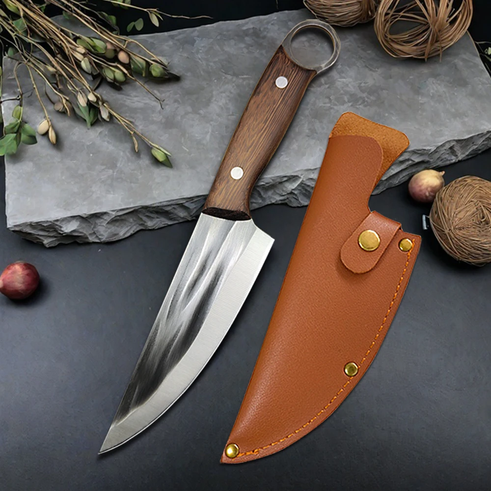 

Кухонный нож шеф-повара Full Tang, нож для мяса, мясник, обвалка, нарезка, резка с деревянной ручкой, нож для рыбалки, барбекю с ножнами