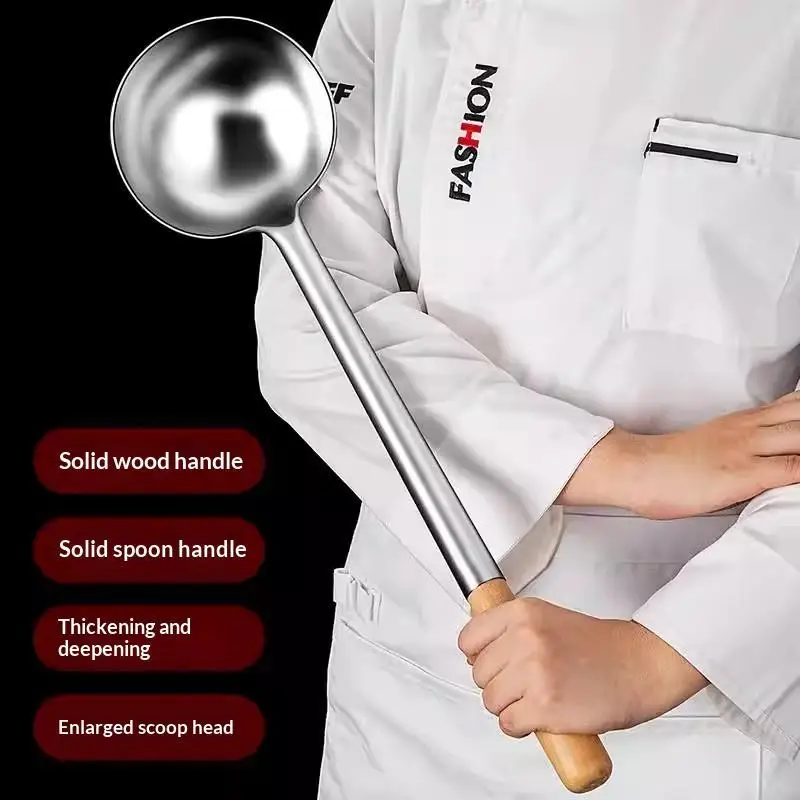 @1PC Stainless Steel Wok Spoon With Wood Handle Extra Thick Soup Porridge Ladle Heat Insulation Kitchen Cooking Utensil For Home