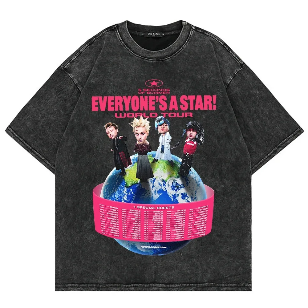 Vintage Washed Oversized Streetwear T-shrit 5 Seconds of Summer Everyone’s A Star World Tour T Shirt Men Women Loose Clothing