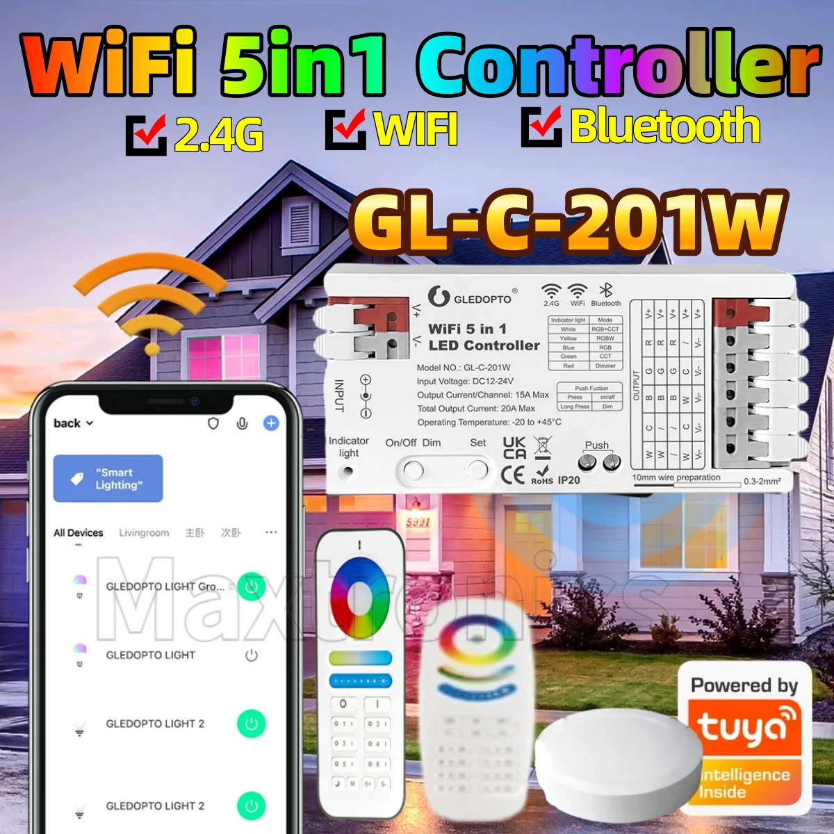 

НОВЫЙ контроллер светодиодных лент Wi-Fi 5 в 1, 20 А, максимальное PWM, аналоговое приложение Tuya Smart Life, голосовое управление для светодиодных лент RGBCCT RGBW RGB CCT WWCW