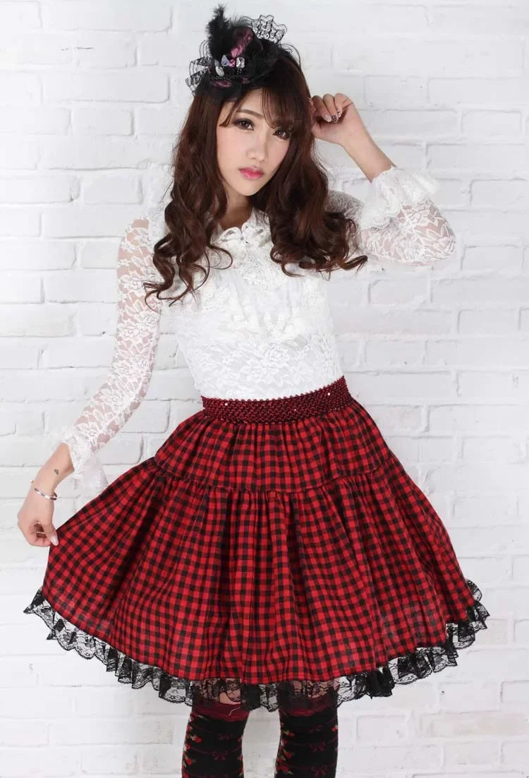 Sweet Red Short Harajuku Skirt Pleated Plaid A line Knee Length Skirt for Women