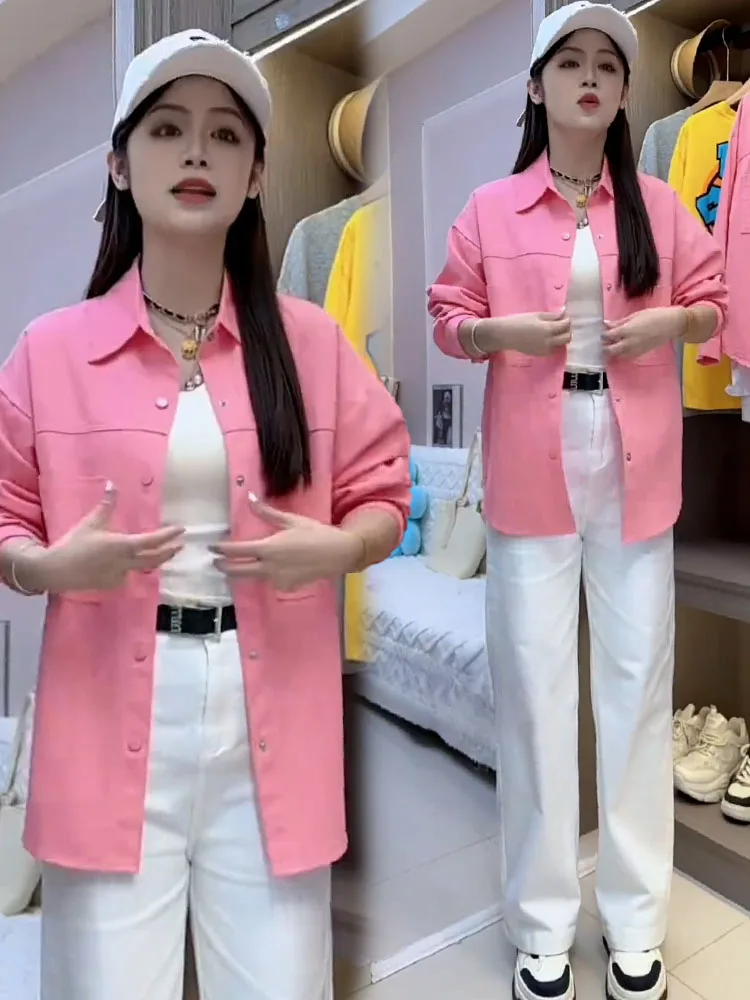 

Sli Повседневная джинсовая куртка irt Jaet, женская осенняя новинка, утягивающий длинный топ с воротником против морщин, застежка на пуговицы, чистый цвет