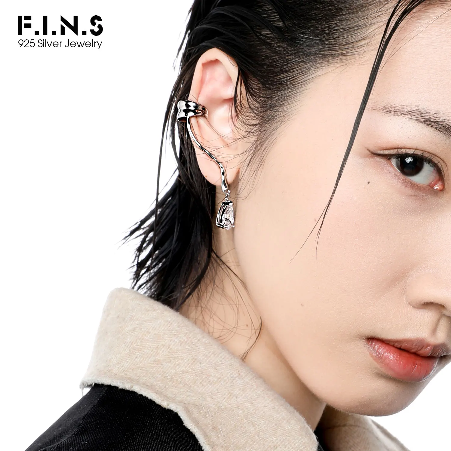 

F.I.N.S 1PC Original 925 Sterling Silver Ear Clip on Earrings Long Line Zircon Fake Piercing Catilage Silver 925 Fine Jewelry