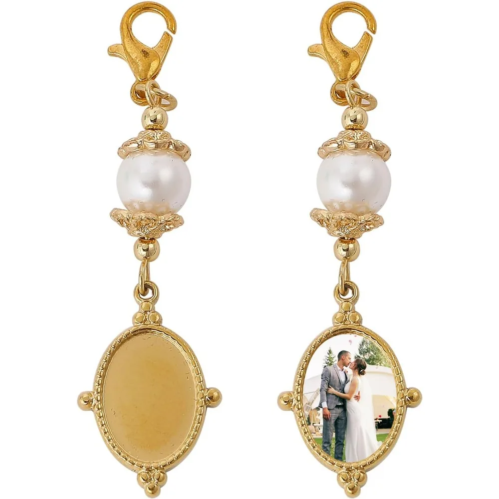 2Pcs Wedding Bouquet Charm Ellipse Stainless Steel Gold Memorial Photo Pendant with Freshwater Pearl and Necklace making kit