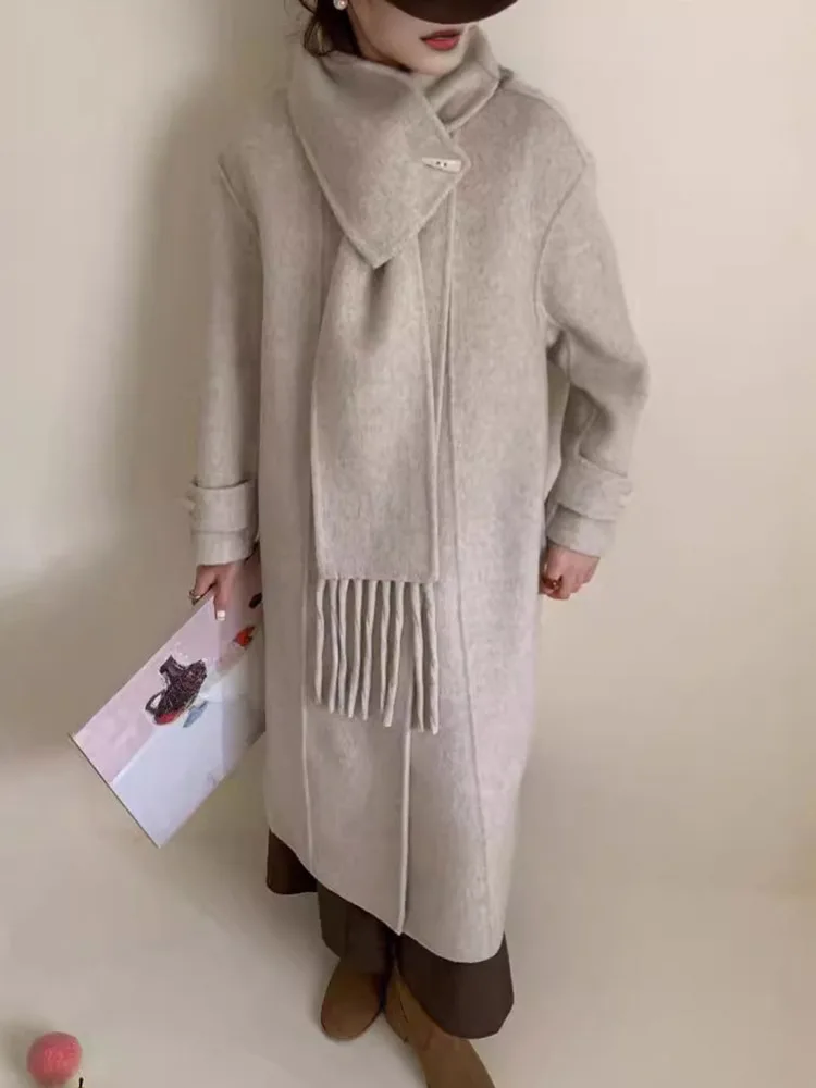 GVUW Moda Sciarpa Colletto Donna Cappotti di Lana Manica Piena Singolo Bottone di Colore Solido Nuovo 2024 Allentato Elegante Cappotto Della Signora