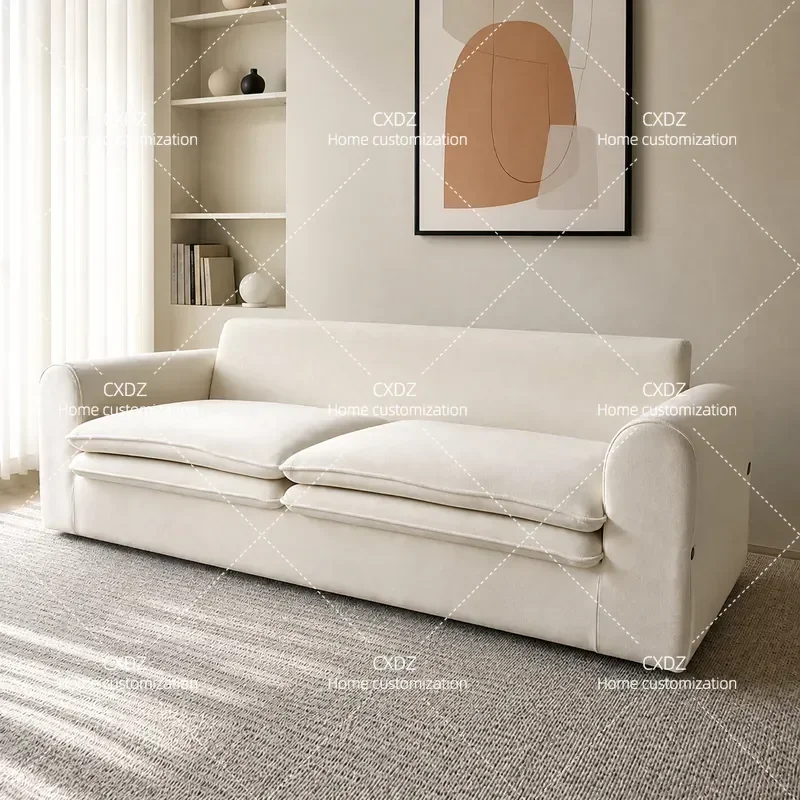 Cream Fabric Removable Sofa Modern Simple Straight Row Cloud Design for Living Room Small Apartment Bedroom Wabi Sabi Style