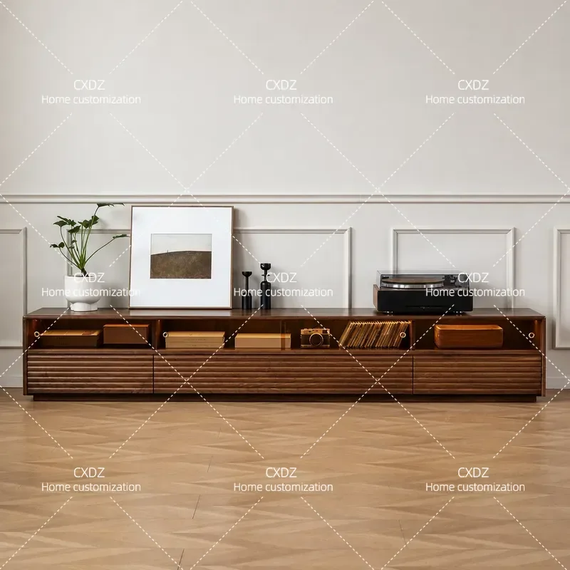 North American Black Walnut TV Cabinet Solid Wood Floor Storage Unit for Living Room with Integrated Lamp Japanese Minimalist