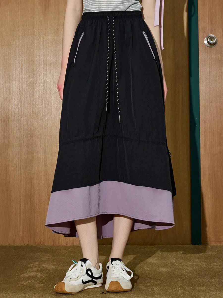 Coolhut High Waist Patchwork Color Block A-Line Casual Comfortable Long Skirt Half-length Summer New Style City Commute Suitable